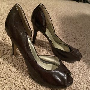 Dark brown shiny peep toe heels